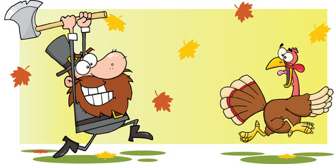 Angry Pilgrim Man Chasing With Axe A Turkey