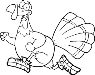 Black and White Happy Turkey Bird Cartoon Character Jogging