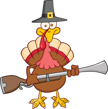 Pilgrim Turkey Bird Cartoon Character With A Musket