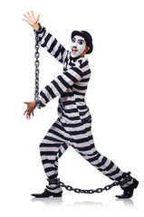 Funny man with facemask mask with shackles on white