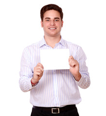 Handsome person holding up a blank card