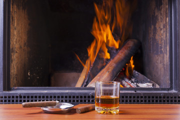 drinks at fireplace on winter evening