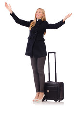 Businesswoman with travel suitcase on white