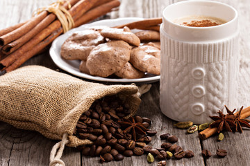 Fototapeta na wymiar Coffee, spices and chocolate meringue cookies