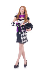 Magician woman with wand on white