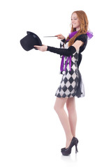 Magician woman with wand on white