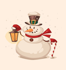 Snowman character. Cartoon vector illustration.