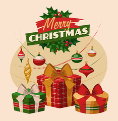 Christmas greeting card. Gift boxes and decorations.