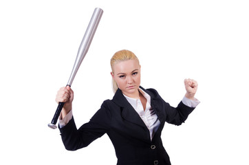 Businesswoman with baseball bat on white