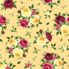 Seamless pattern with red and yellow roses. Vector illustration.