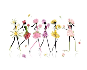 Rolgordijnen Meisjes gekleed in gebloemde kostuums, vrijgezellenfeest voor uw ontwerp © Kudryashka