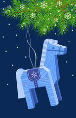 Лошадь- синяя деревянная висит на елке.Векторная иллюстрация - 57748748