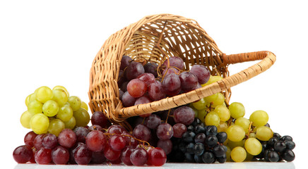assortment of ripe sweet grapes in basket, isolated on white.