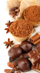 Composition of chocolate sweets, cocoa and spices, isolated