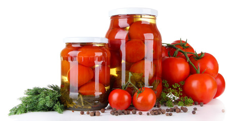 Tasty canned and fresh tomatoes, isolated on white