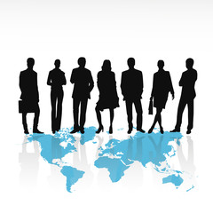 Business people silhouettes standing on world map