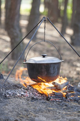 Camping kettle over burning campfire.