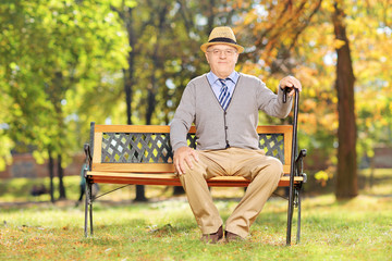 Relaxed senior gentleman sitting on a wooden bench in a park