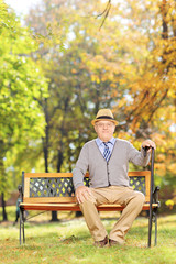Relaxed senior gentleman sitting on a bench in a park