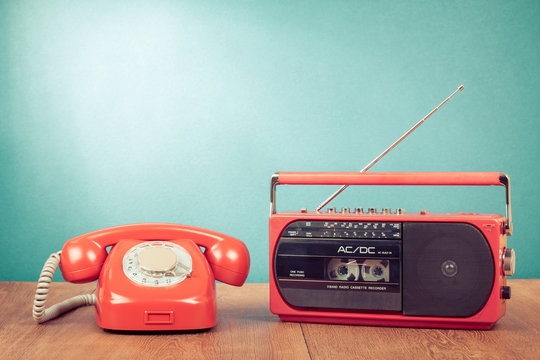Retro telephone and old radio cassette recorder