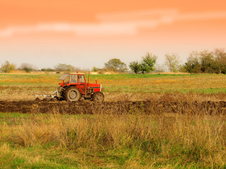 Red Tractor Plowing in Autumn