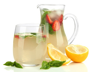 Basil lemonade with strawberry, isolated on white