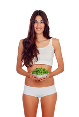 Girl in white underwear with a salad