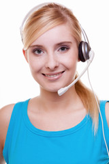 Girl with headphones and microphone headset on white