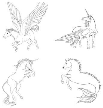 Fantasy horse collection set in black and white vector