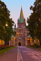 Cathedral in Trondheim Norway at sunset
