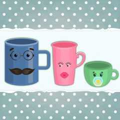 set of colorful cups with faces. Family concept