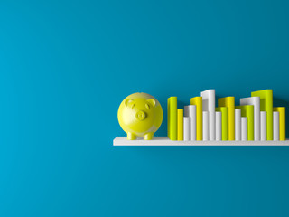 3d piggy bank with books in room