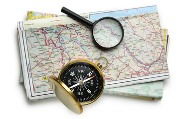 Road map plan and compass