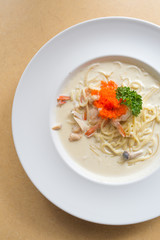 Spaghetti cream cheese cabonara shrimp
