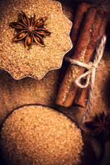 Baking ingredients Cinnamon sticks,  star anise and cane brown s