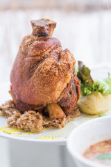 German roasted pork leg on white plate