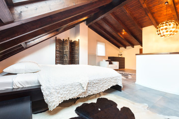 Interior, beautiful loft, luxurious bedroom - obrazy, fototapety, plakaty