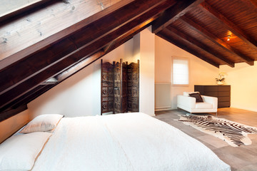Interior, beautiful loft, luxurious bedroom