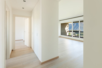 Interiors building, modern apartment, view from the hall