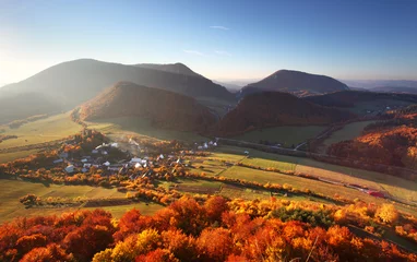Papier Peint photo Lavable Automne Aerial view on small town - colorful fields and trees in autumn,