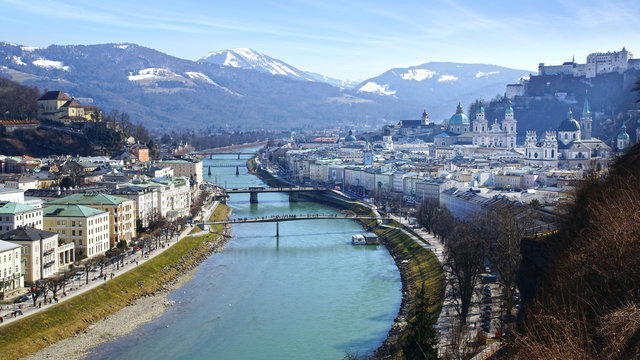 Panoramic view of the Salzburg and Salzach river.