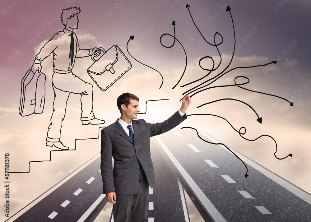 Poster Composite image of smiling businessman holding something up in t