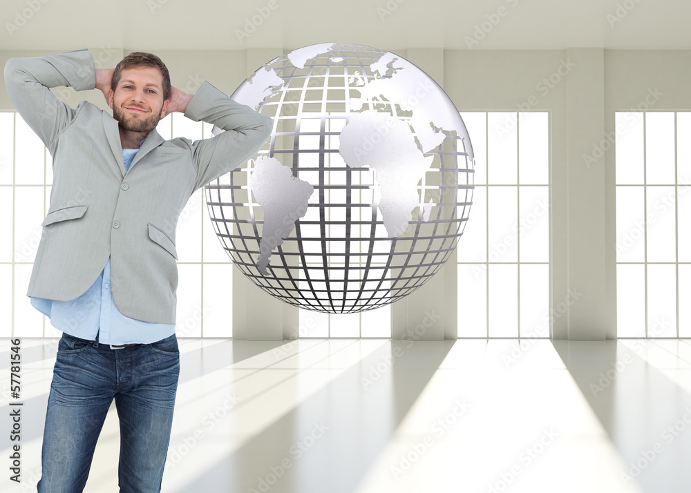 Poster Composite image of suave man in a blazer with hands behind head