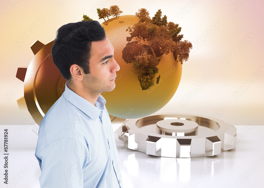 Poster Composite image of unsmiling casual man standing