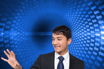 Composite image of smiling businessman touching