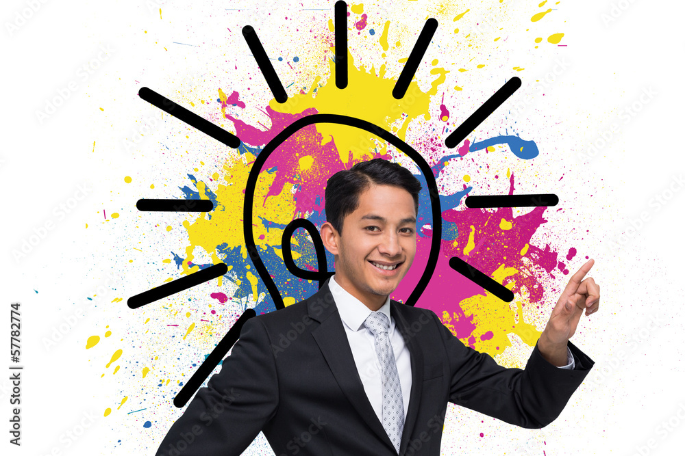 Poster composite image of smiling asian businessman pointing