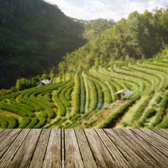 wooden table perspective with blur green field background