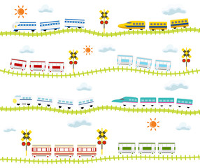 子供向け 可愛い 踏切のある線路を走る 電車