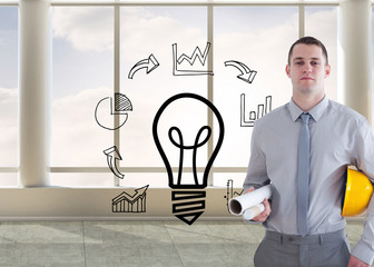 Composite image of architect carrying construction plans and hel