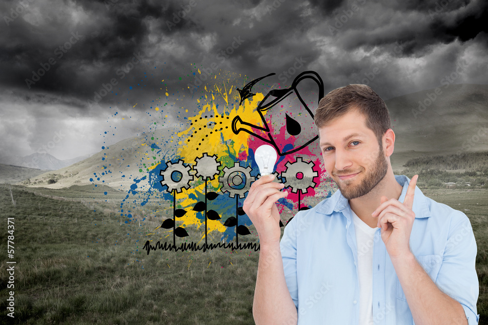 Poster composite image of charming model holding a bulb in right hand